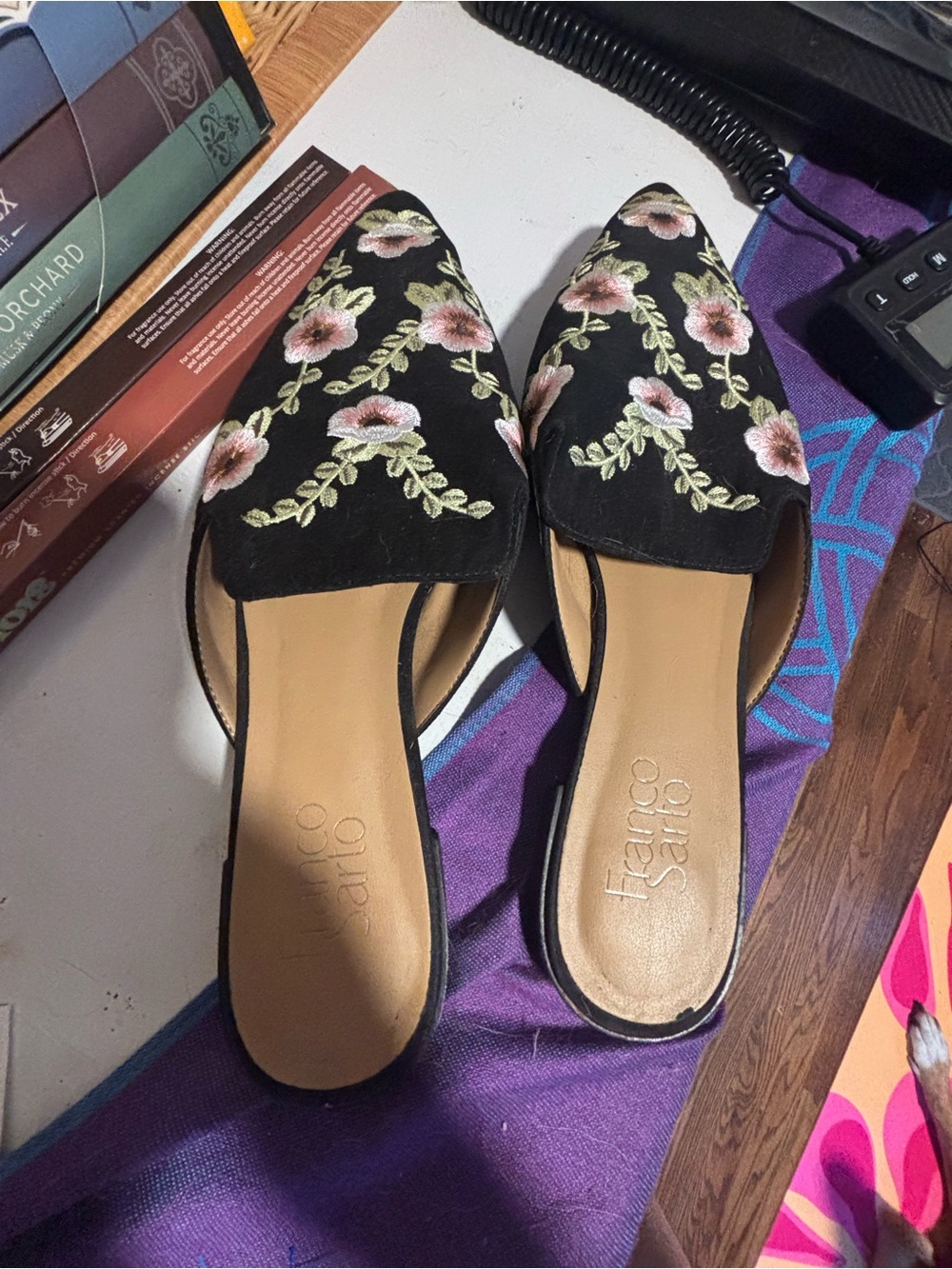 Franco Sarto Black Slip-On Mules with Pink Floral Embroidery